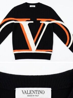 Valentino Black Sweater with Orange and White V Logo